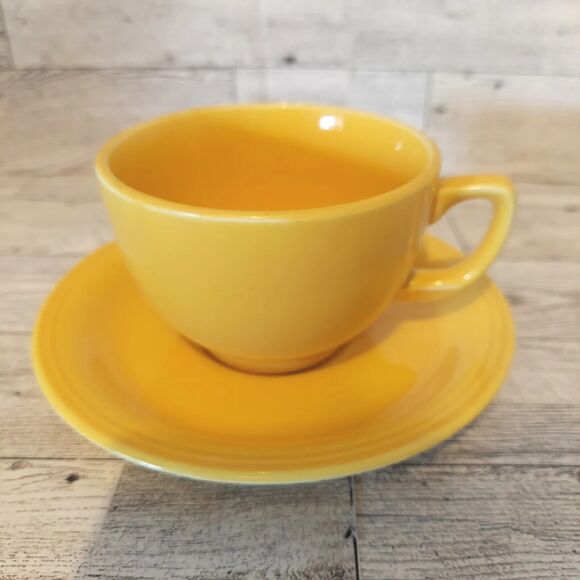 Homer Laughlin Teacup & Saucers CARNIVAL Dishes Lot Of 4 Yellow Cobalt Green - Picture 3 of 16